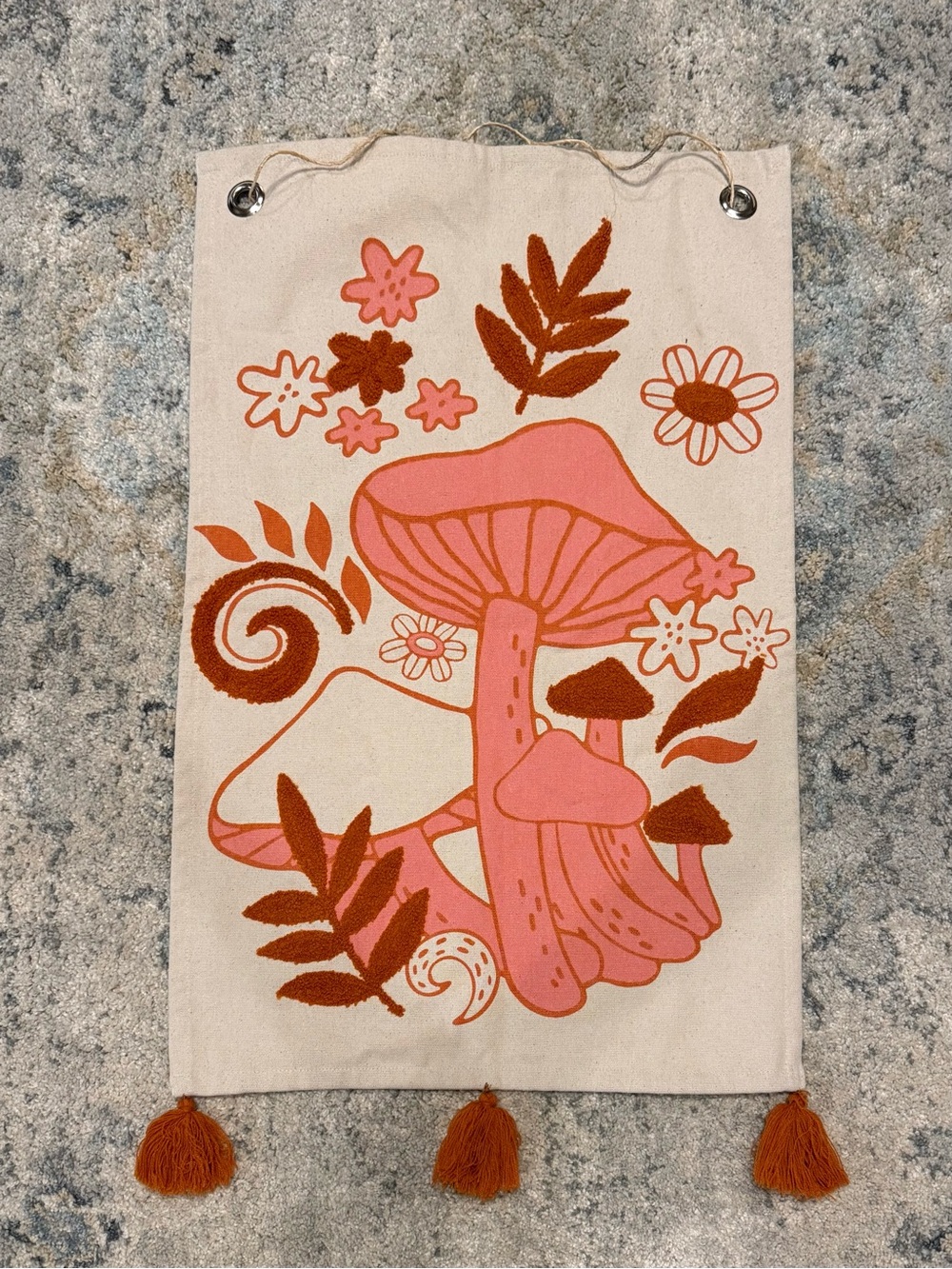 Mushroom & Floral Tapestry Wall Hanging in Coral and Rust